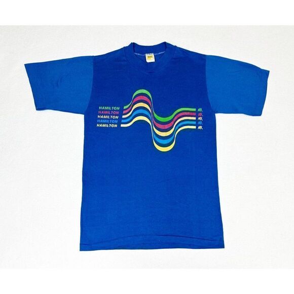 Vintage 80s Hamilton T-Shirt Small Blue Rainbow Single Stitch - Picture 1 of 7